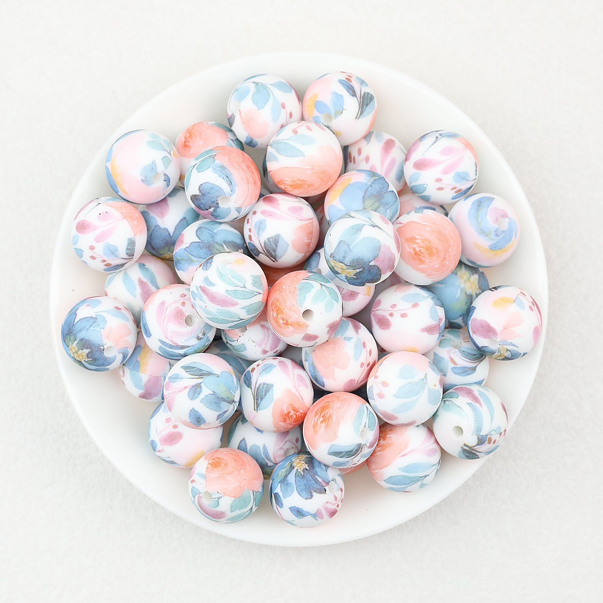 15mm Light Floral Print Round Silicone Beads 50 pcs - Floral Design 8