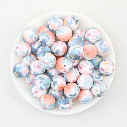 15mm Light Floral Print Round Silicone Beads 50 pcs - Floral Design 8
