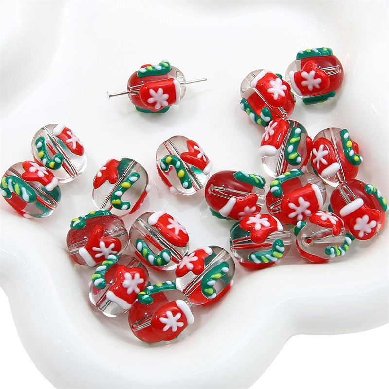 Hand Drawn Christmas Glass Beads 14mmx16mm Holiday Focal Beads 14