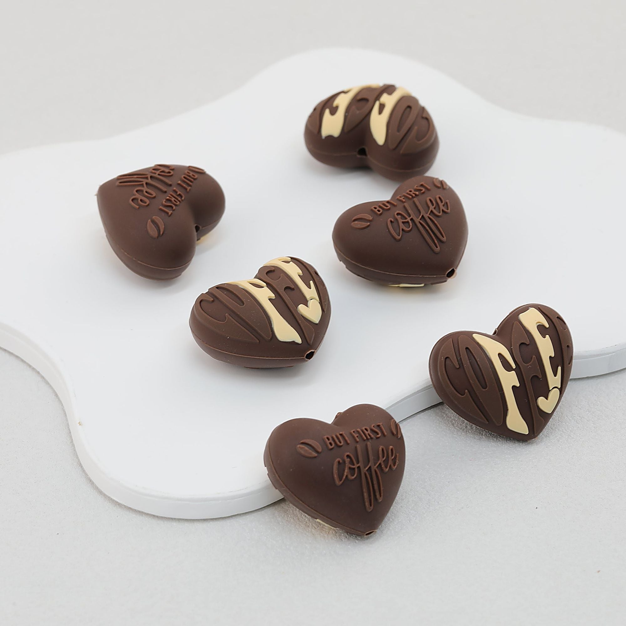 3D Coffee Bean and Heart Silicone Focal Beads Brown Cream 20pcs