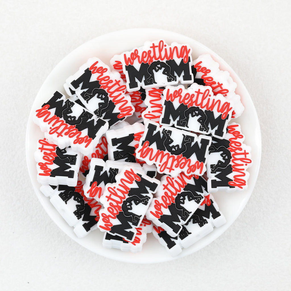 Wrestling Mom Silicone Focal Beads Wholesale, Black Red Wrestler Silhouette White Flat Design