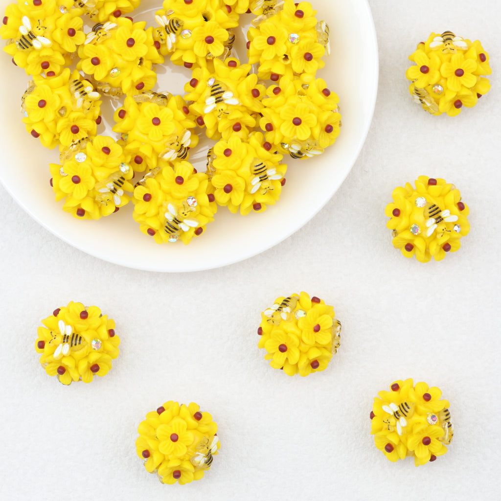Yellow Bee Floral Cluster Polymer Clay Bubblegum Beads 20mm 10pcs