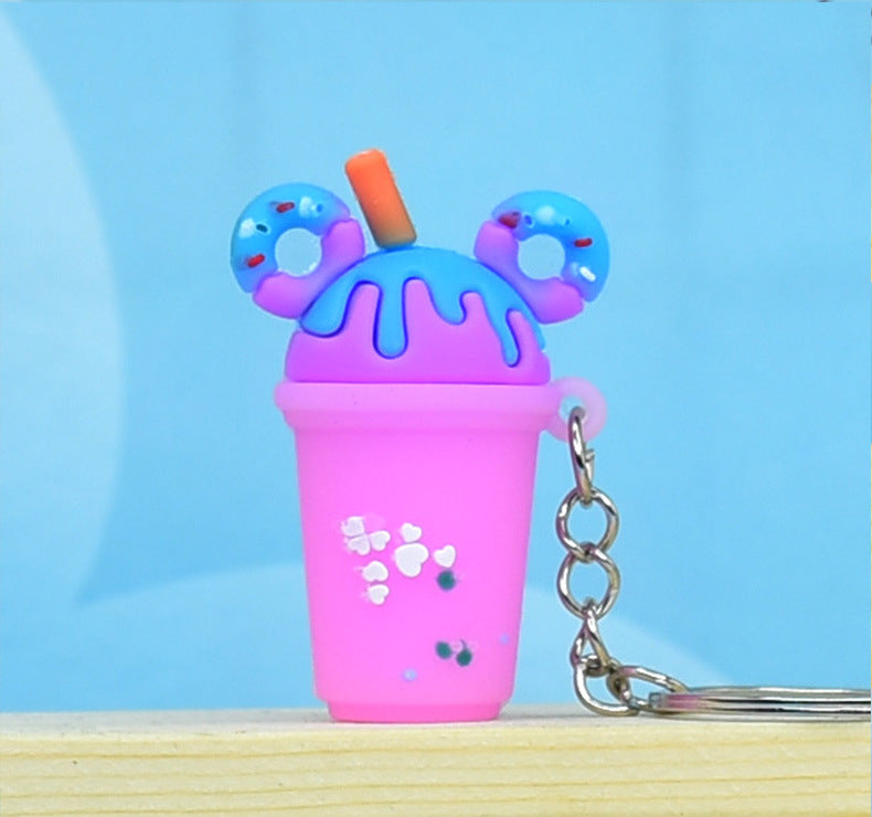 Soft Rubber Milk Tea Drink Keychain with Donut Ears and Dripping Tops 8