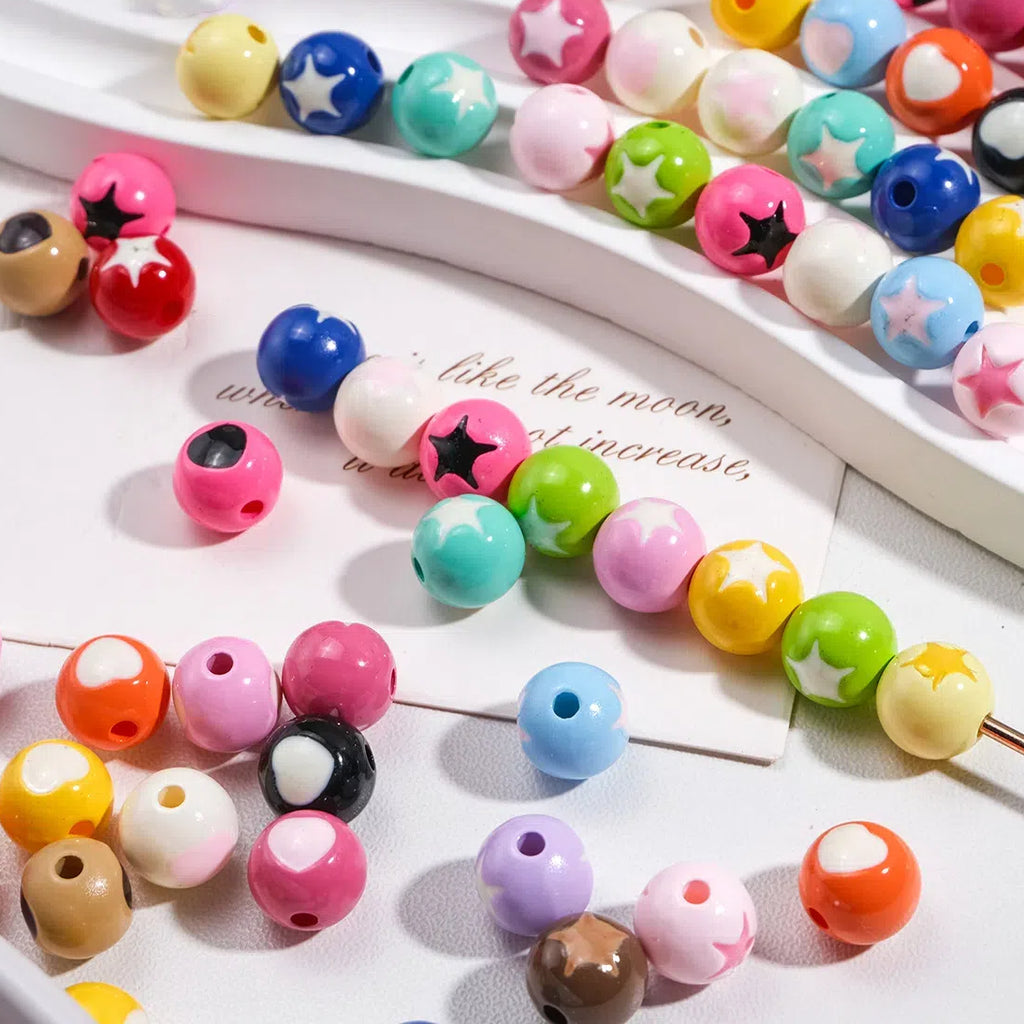 Painted Round Acrylic Beads 10mm Double Sided Heart and Star Pattern 50pcs 3