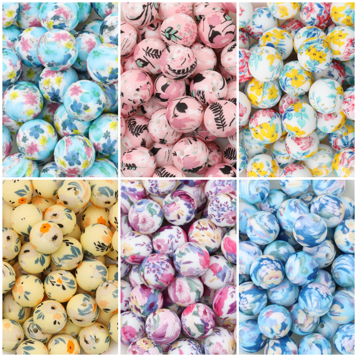 15mm Floral Printed Silicone Round Beads Soft Pastel Color 50pcs