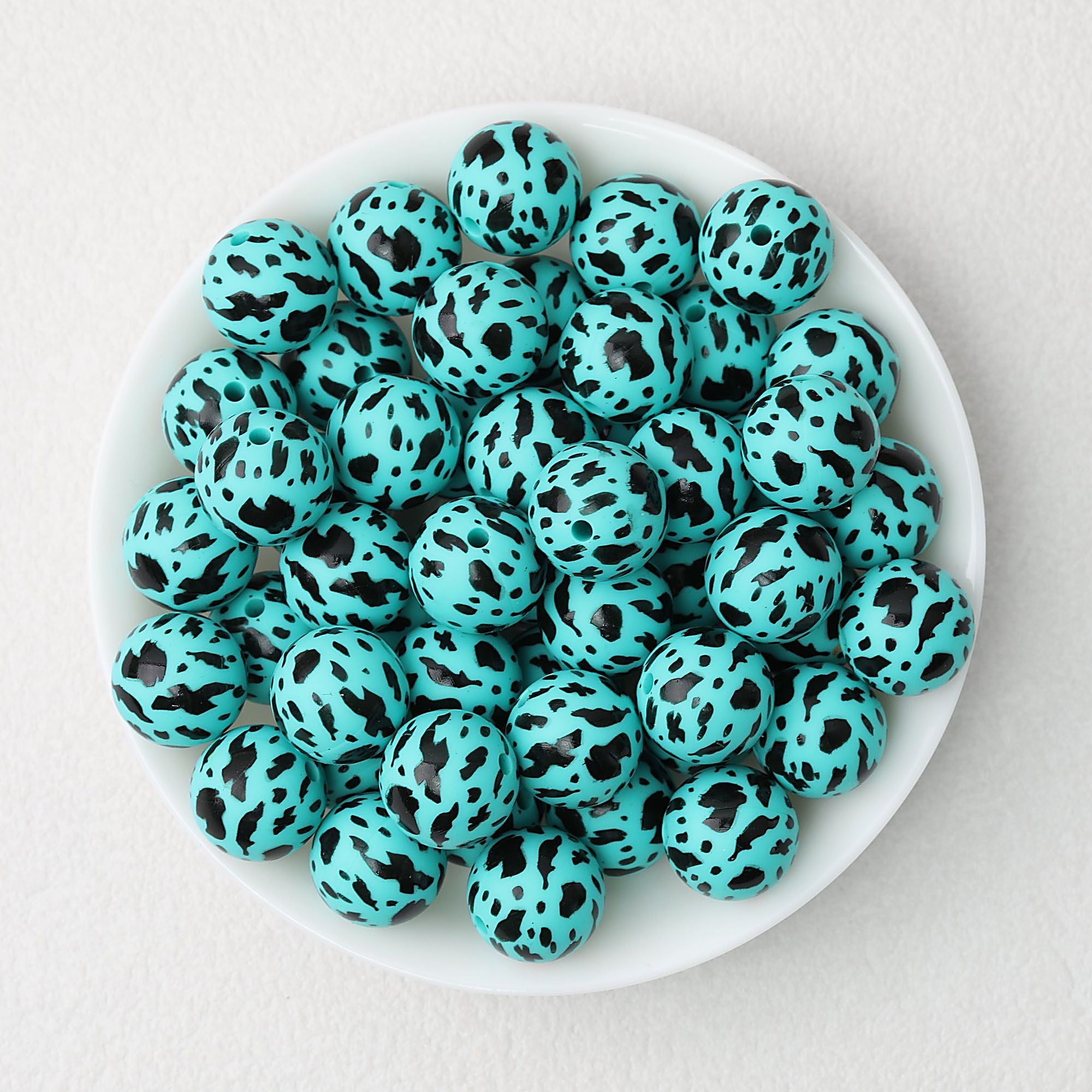 15mm Cow PPrinted Round Silicone Beads Colorful Spots 50pcs - Cow Lake Blue
