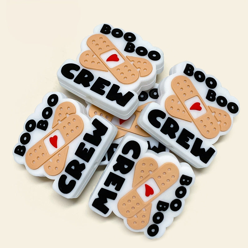 Silicone Focal Beads Band Aid Red Heart Boo Boo Crew Text 20pcs