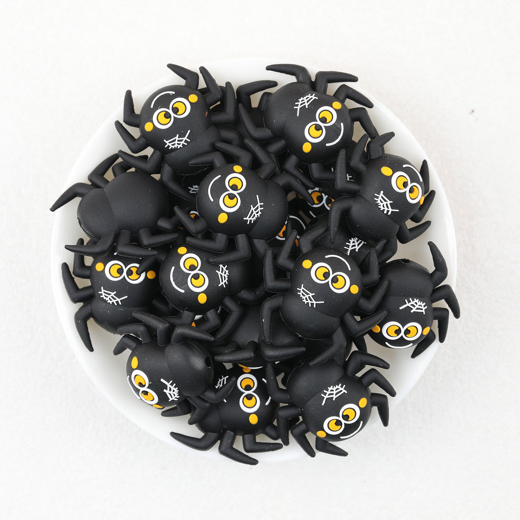 3D Black Spider Silicone Focal Beads Wholesale, Halloween Yellow-Eyed Design