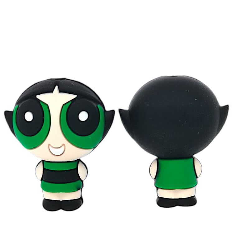 Silicone 3D Focal Beads Green Powerpuff Girl Smiling Face