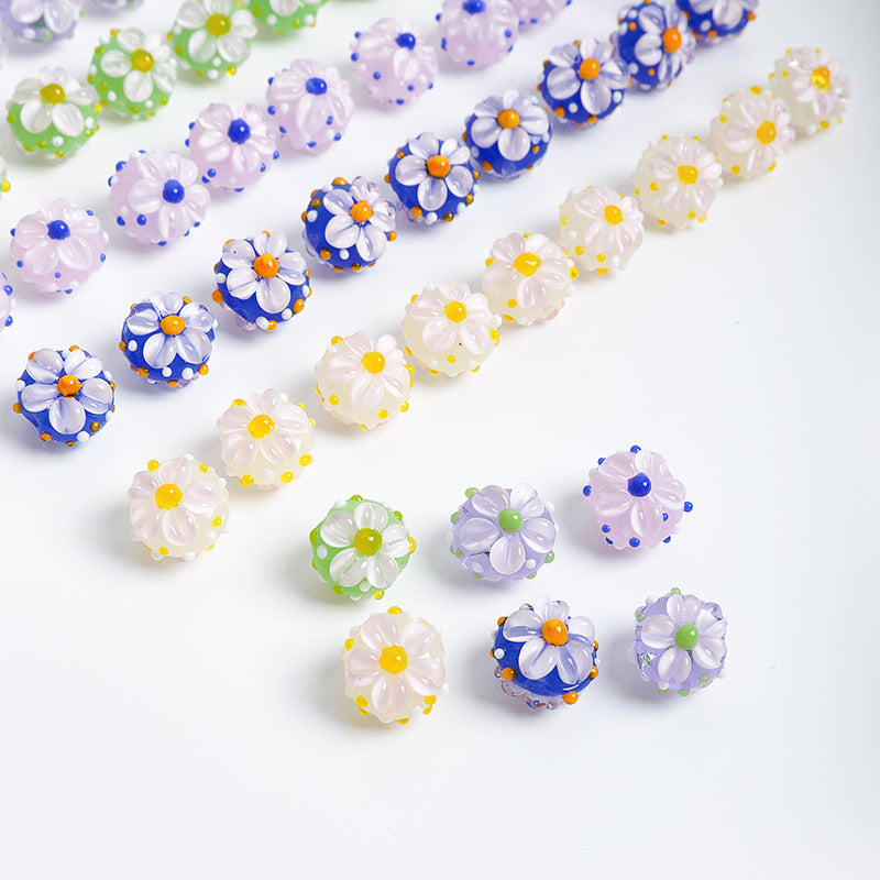 Colorful 14mm Floral Round Glass Beads with 2mm Hole 10pcs 2