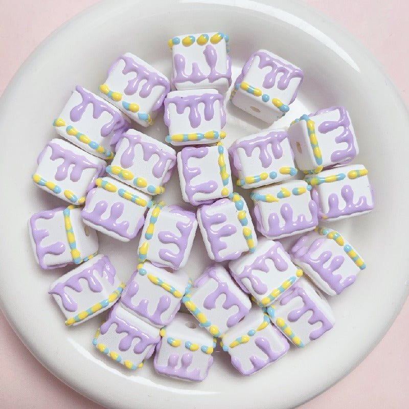 Hand Painted Cube Acrylic Beads 16mm Cream Dripping Icing 5pcs 13