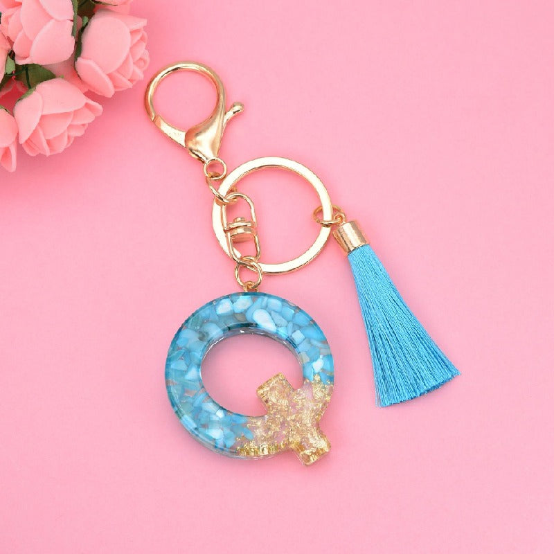 Blue Resin Tassel Monogram Keychain with Gold Flake Accent 19