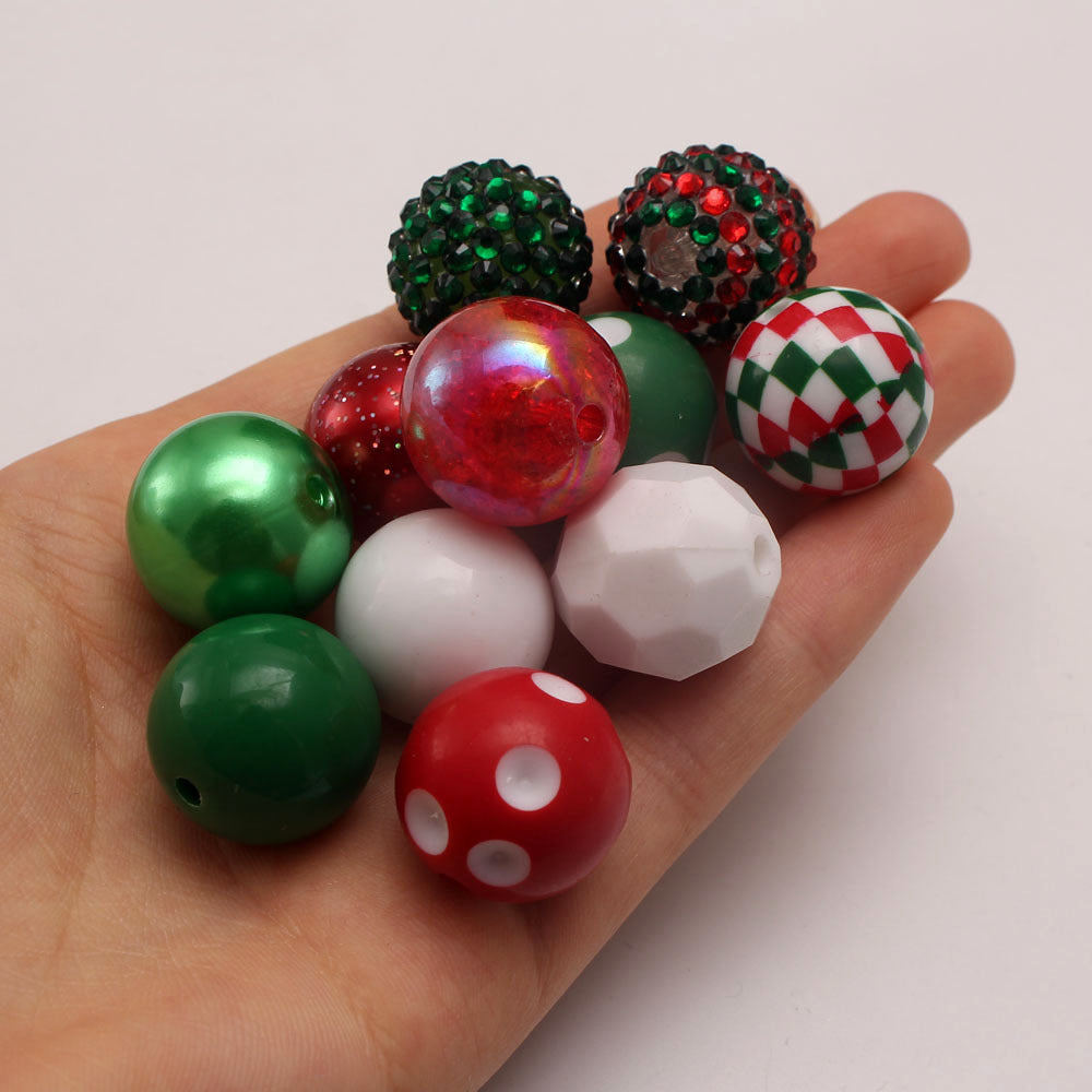Bubblegum Beads 20mm Red Green White Rhinestone Grid Chunky Mix 50pcs 4