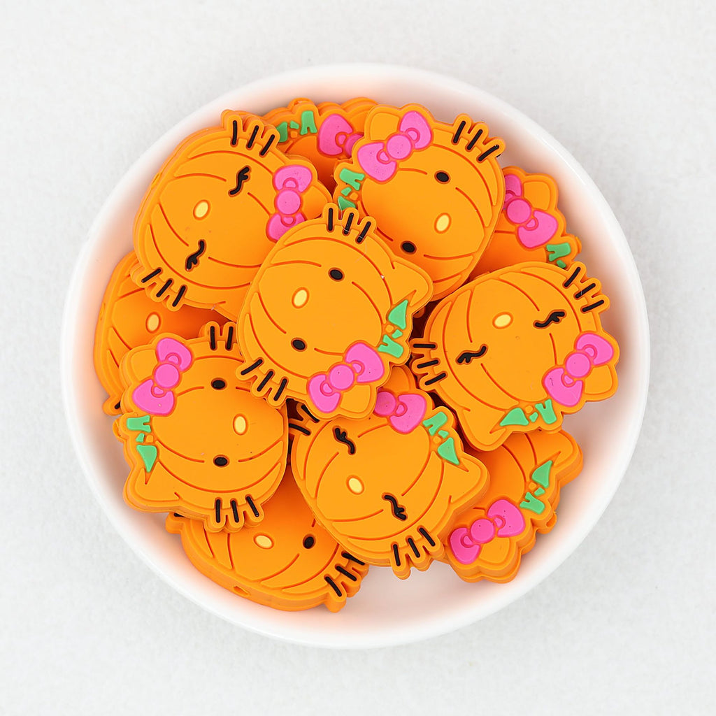 Halloween Bow Pumpkin Silicone Focal Beads Orange Pink 20pcs