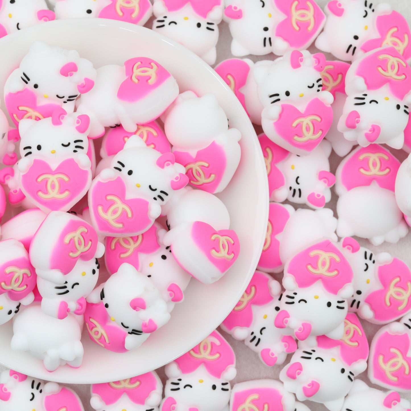 3D Cute Pink Cat Silicone Focal Beads with Heart 20pcs