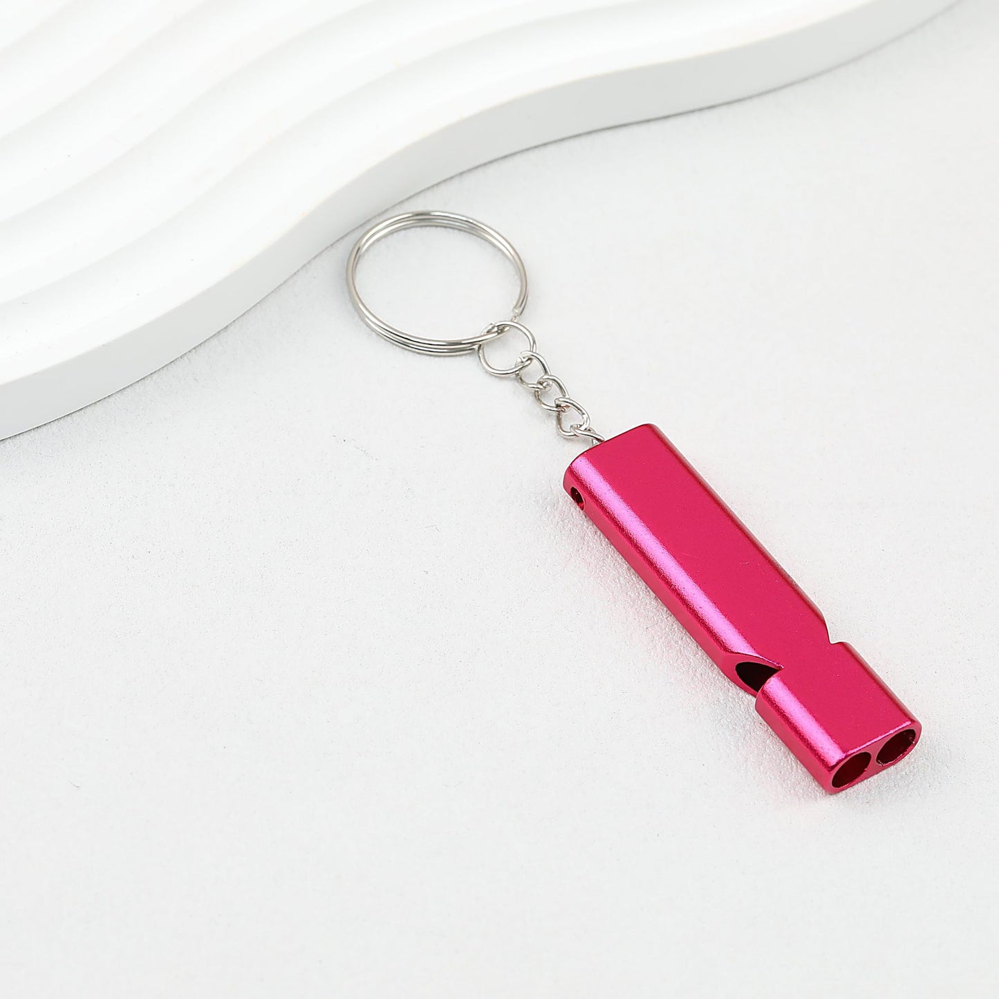 Survival Whistle Keychain Flat Aluminum Alloy Double Tube Self Defense - Rose red
