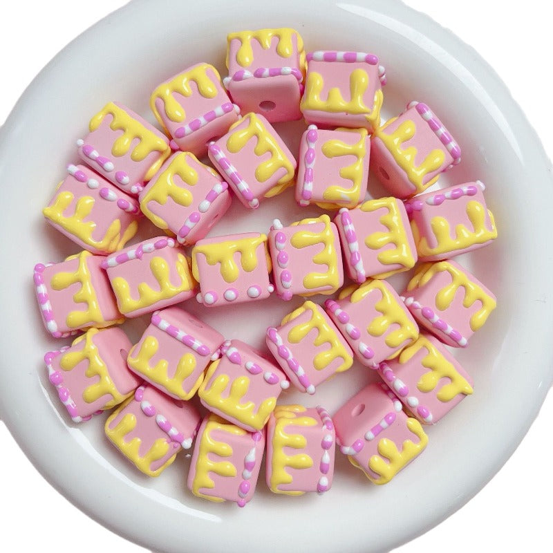 Hand Painted Cube Acrylic Beads 16mm Cream Dripping Icing 5pcs 5