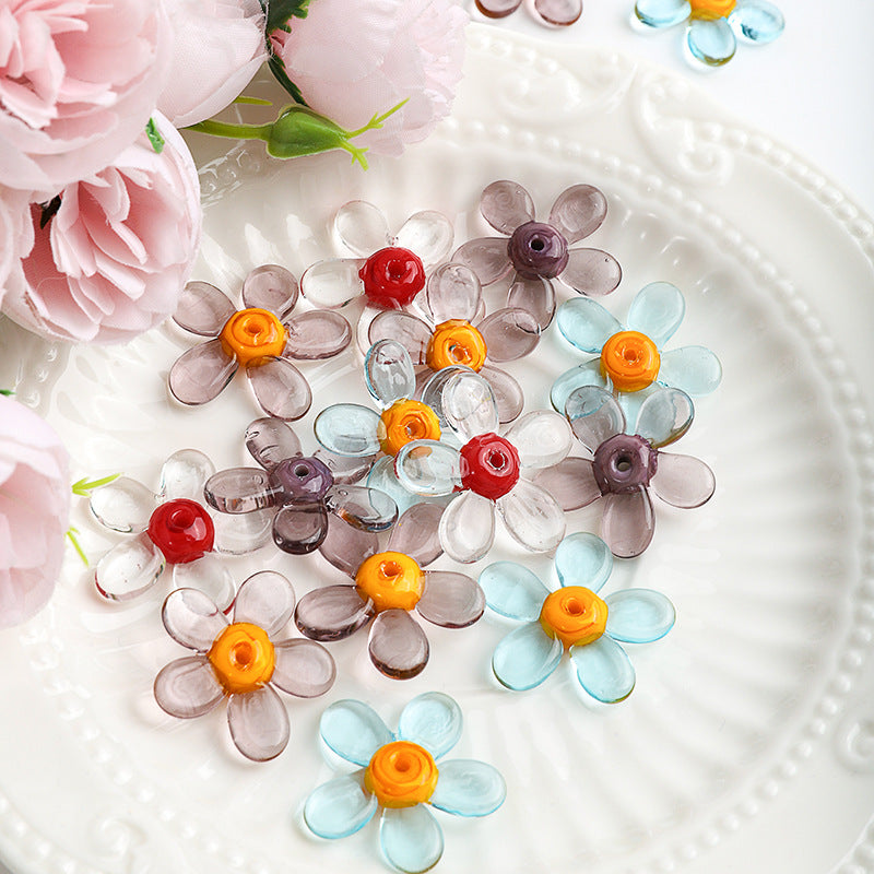 Transparent Colorful Flower Shaped Glass Beads 15x20mm 10pcs