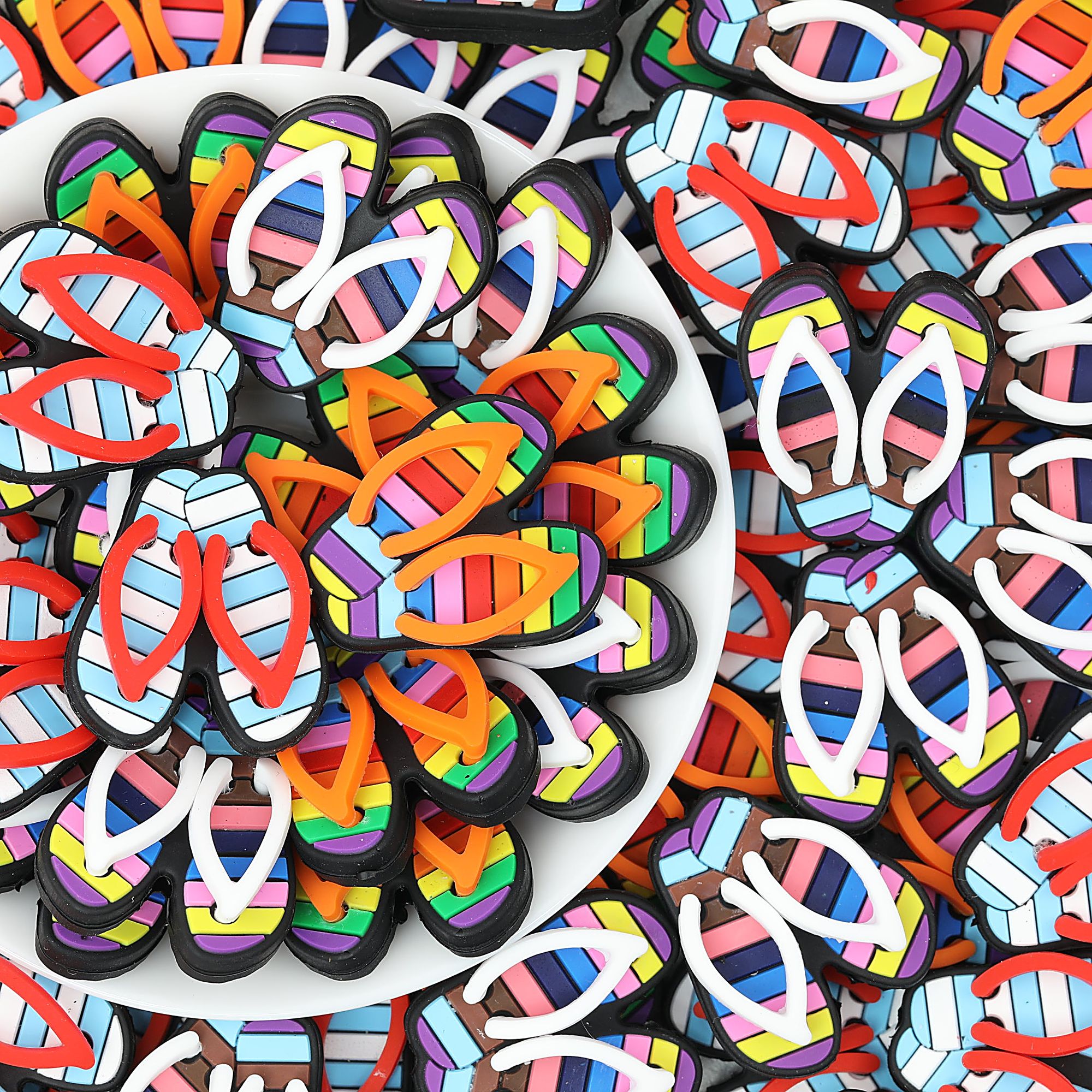3D Colorful Flip Flop Silicone Focal Beads Multicolor Striped 20pcs