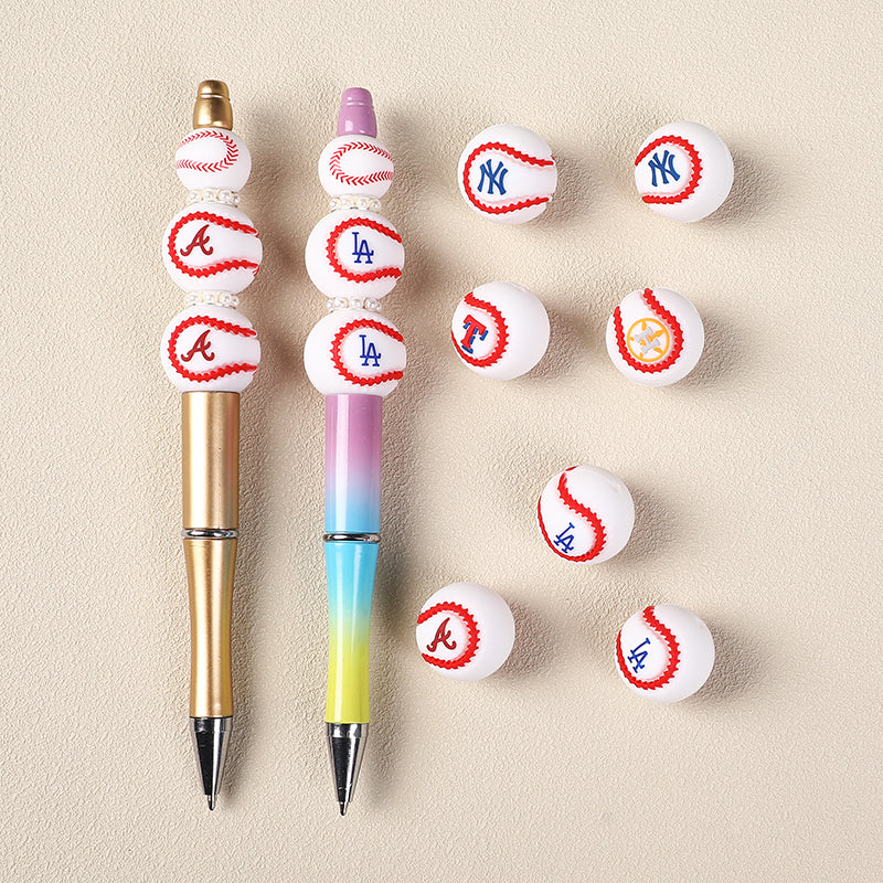 Silicone 3D Focal Beads Baseball Team Bright Red Stitches Team Initials 20pcs