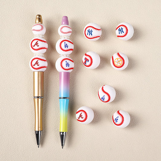 Silicone 3D Focal Beads Baseball Team Bright Red Stitches Team Initials 20pcs