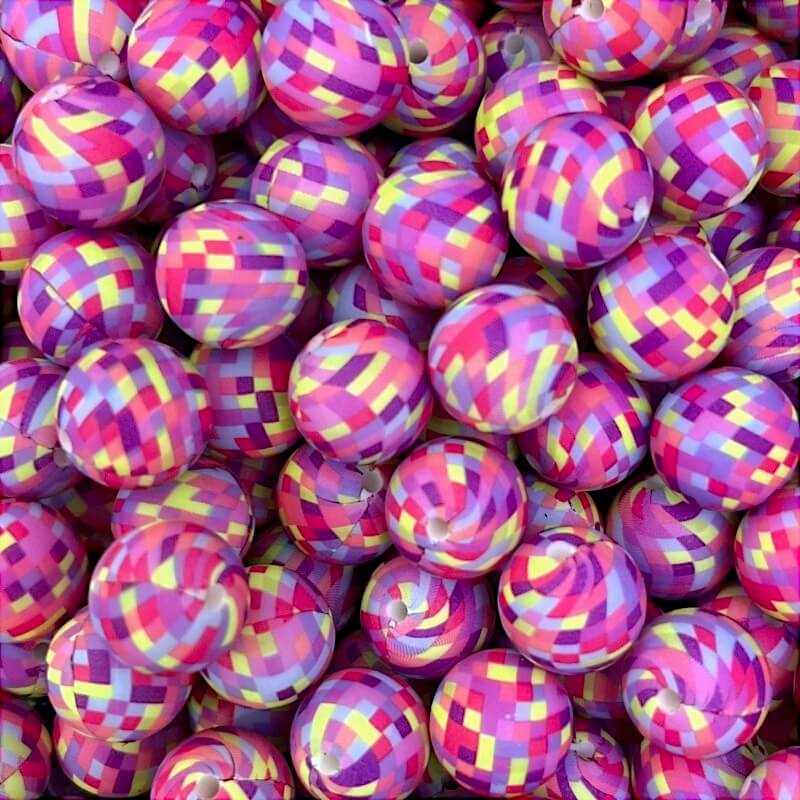 15mm Silicone Beads Color Lattice Printed Designs 50pcs