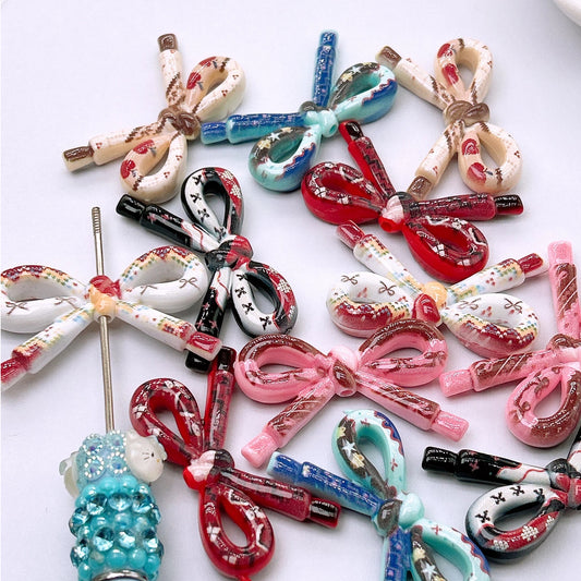 Vintage Pattern Bow Acrylic Beads 25mm Mixed Colors 10pcs