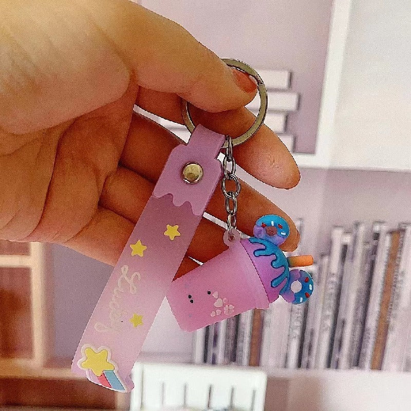 Silicone Ice Cream Cup Cartoon Food Keychain with Donut Ears 6