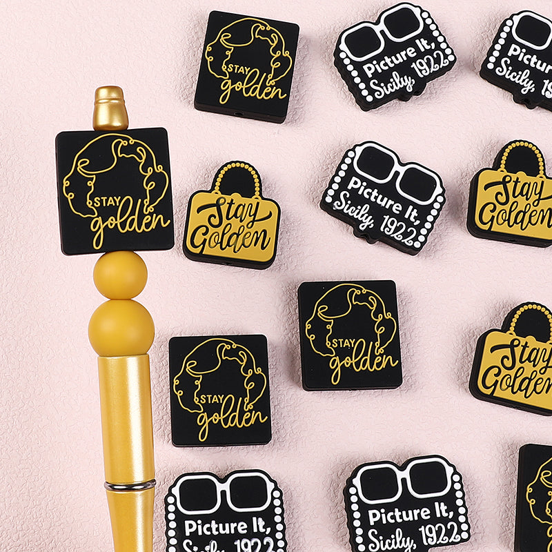 Silicone Focal Beads The Golden Girl Retro Black and Gold Designs 20pcs 2
