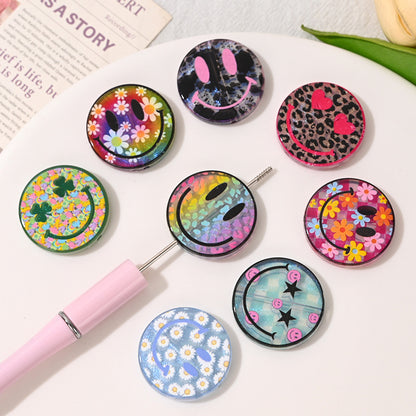 Floral Pattern 31mm Acrylic Flat Smile Face Beads 10pcs 2
