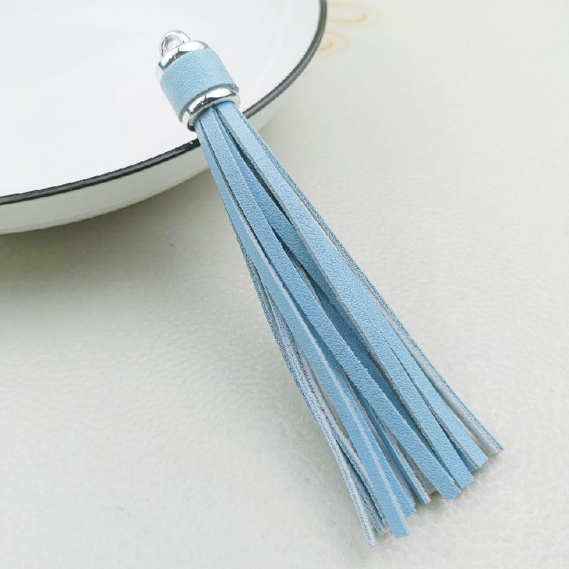 Silver PU Leather Tassel Keychain Metallic 9cm Length 38