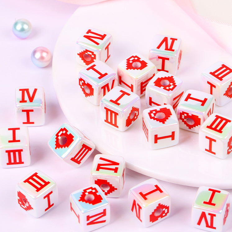Plated Heart Pattern Acrylic Square Beads 16mm Glossy White Red 10pcs