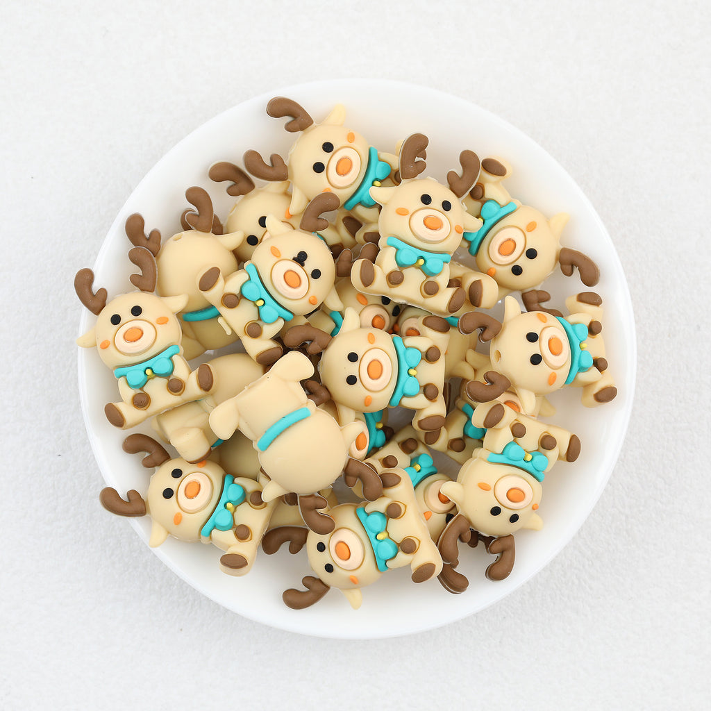 3D Christmas Reindeer Silicone Focal Beads Wholesale, Turquoise Bow Brown Antlers