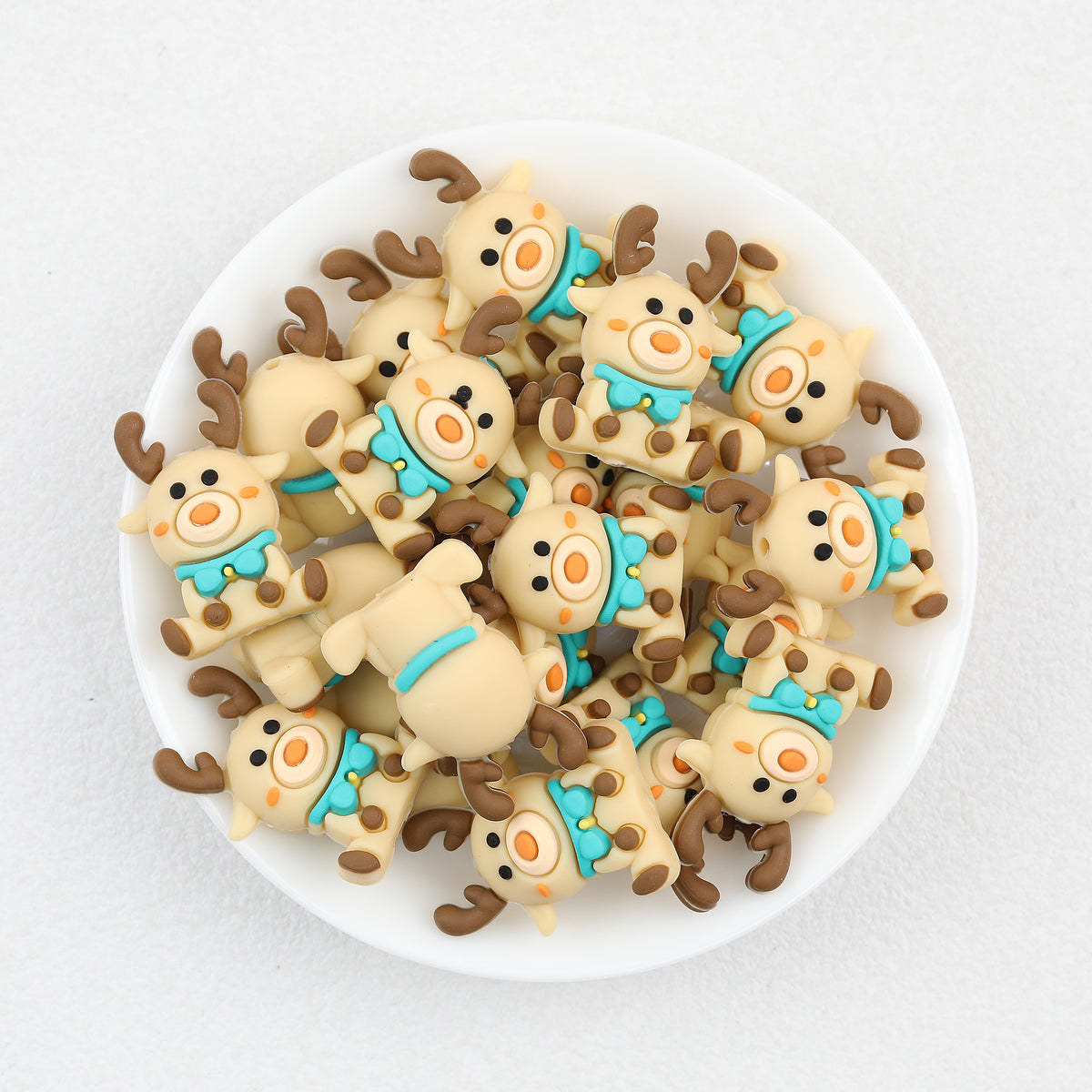 3D Christmas Reindeer Silicone Focal Beads Wholesale, Turquoise Bow Brown Antlers
