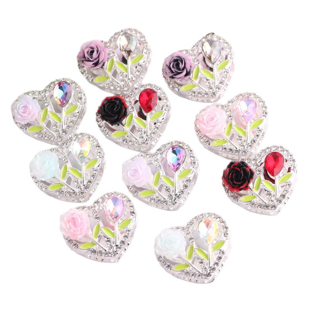 Fancy Heart Shaped Rose Rhinestone Alloy Beads 20mm 3pcs 5