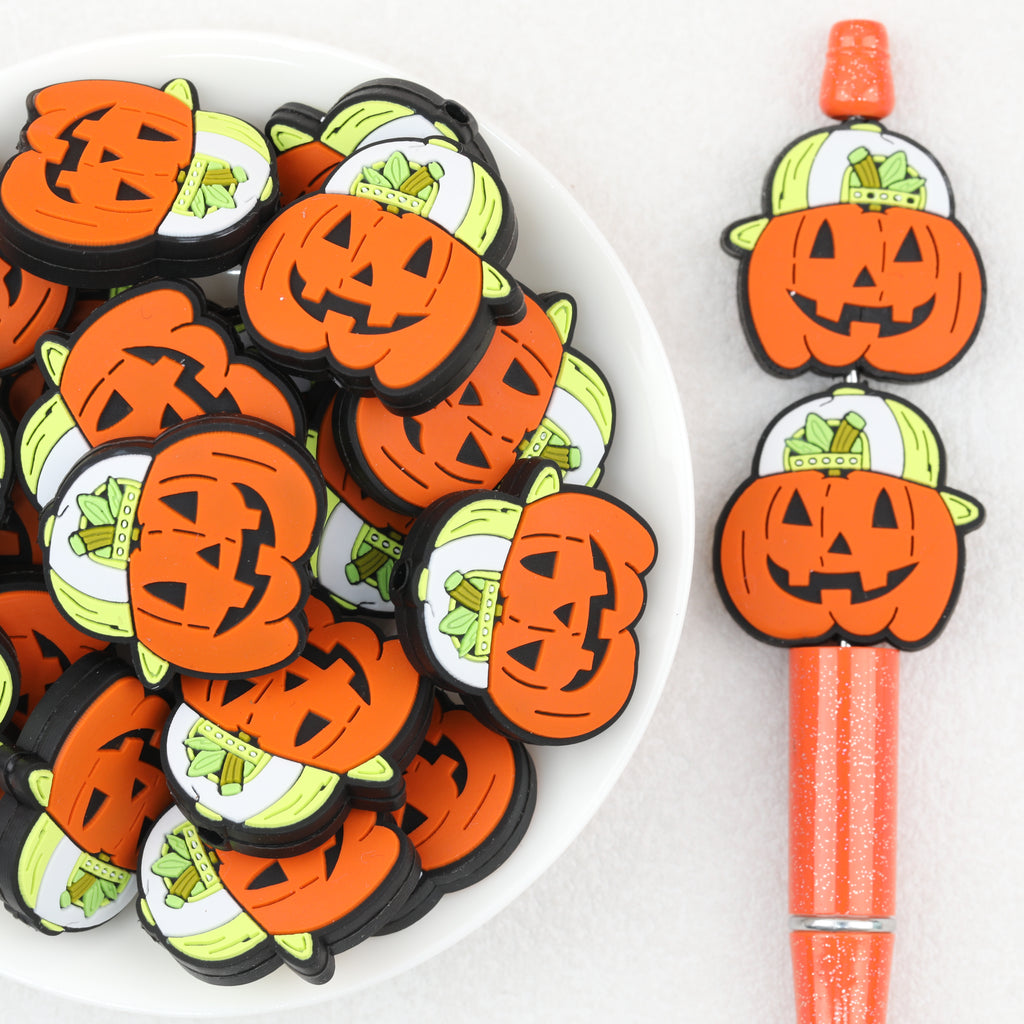 Halloween Pumpkin Baseball Cap Silicone Focal Beads 20pcs