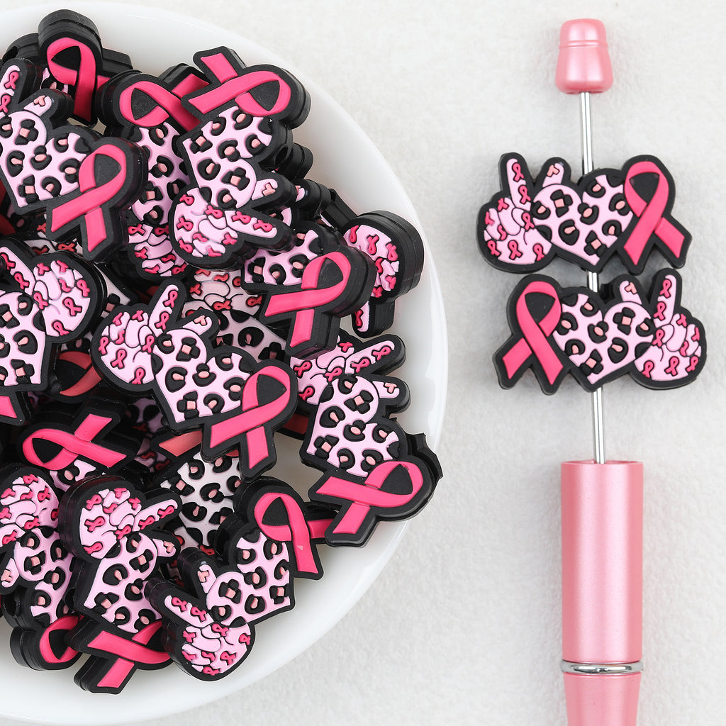 Leopard Heart Silicone Focal Beads Wholesale, Pink Ribbon Pattern