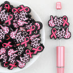 Leopard Heart Silicone Focal Beads Wholesale, Pink Ribbon Pattern