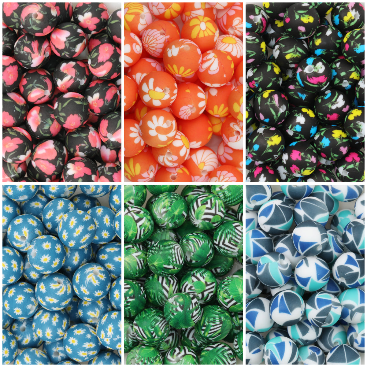 15mm Deep Color Pattern Printed Silicone Round Beads 50pcs
