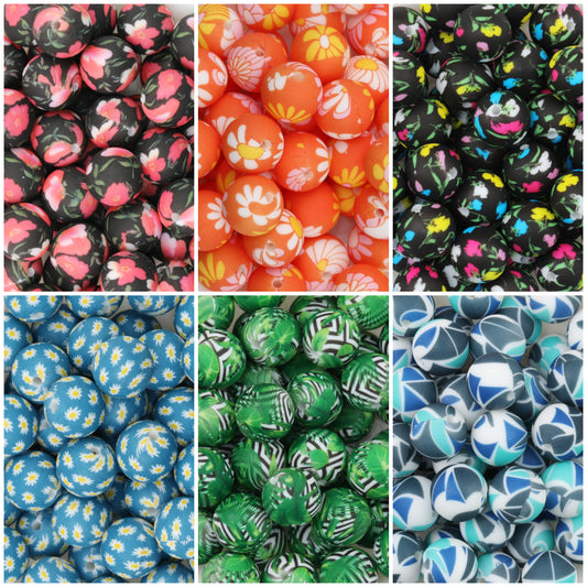 15mm Deep Color Pattern Printed Silicone Round Beads 50pcs