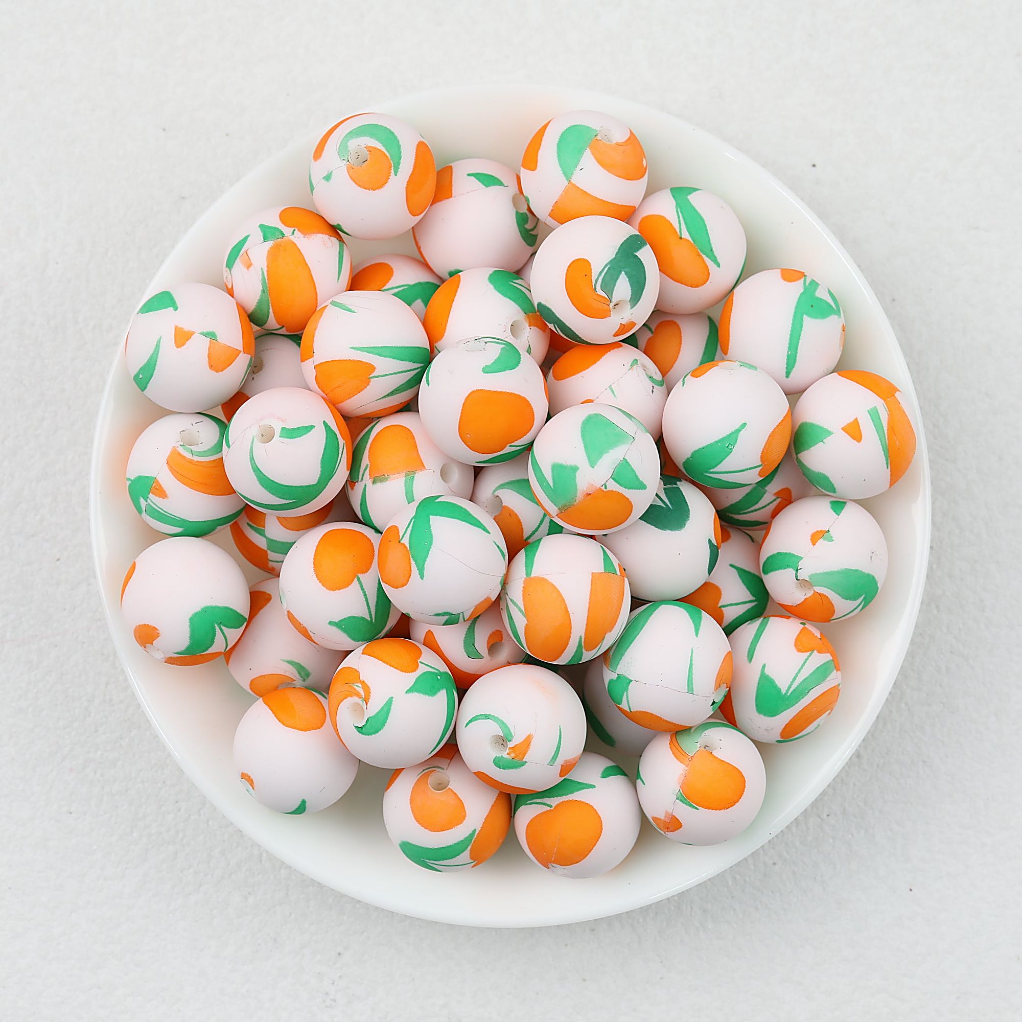 15mm Fruit Pattern Printed Silicone Round Beads 50pcs - Orange Leaf