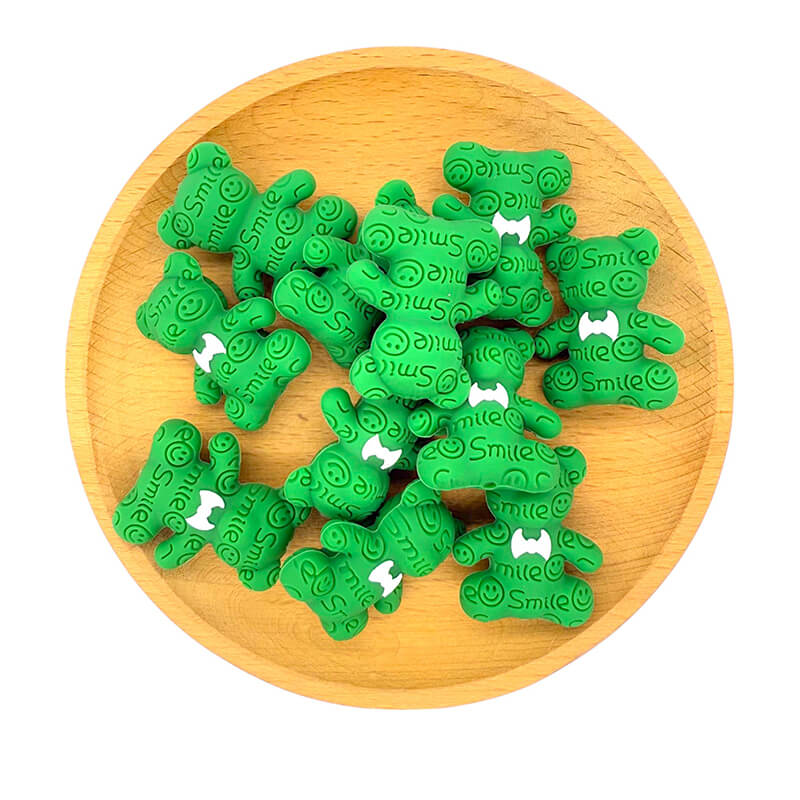 Silicone 3D Focal Beads Smile Bear White Bow Tie Front View Layered Text 2