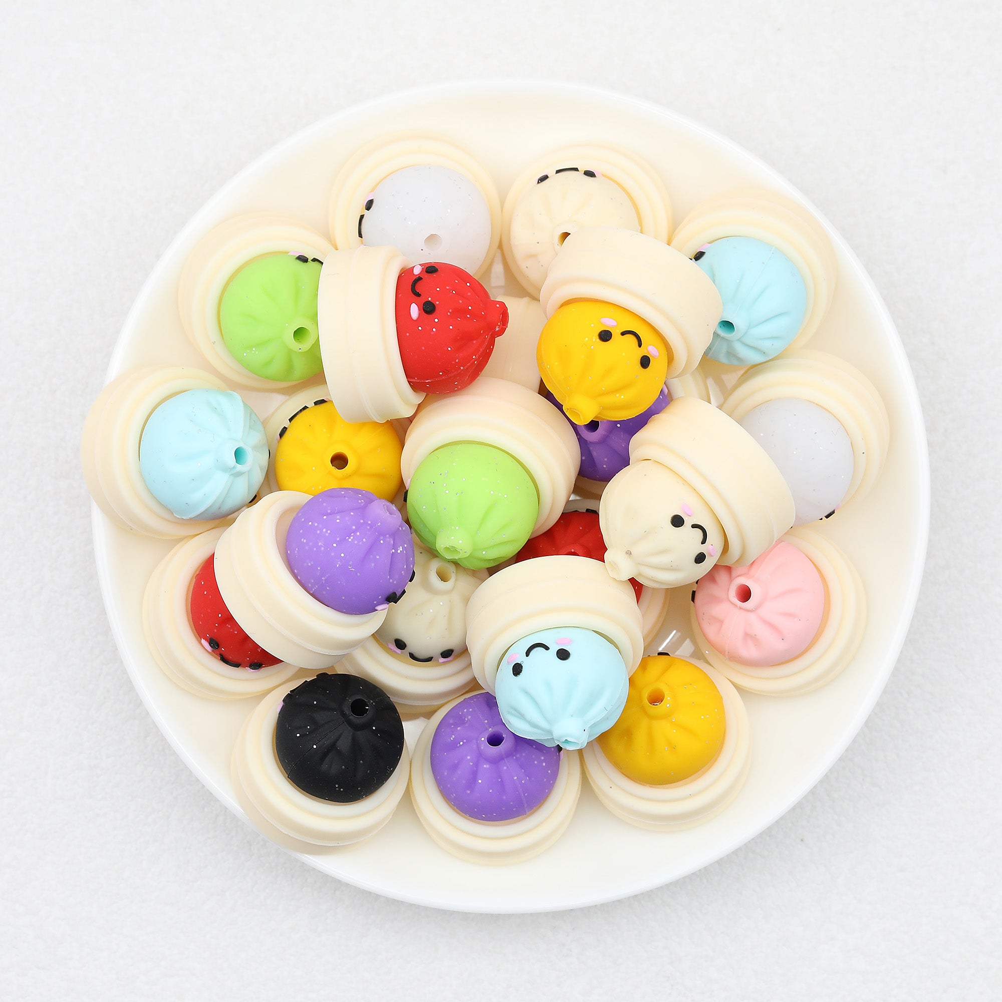 3D Colorful Steamer Glitter Buns Silicone Focal Beads 20pcs 3