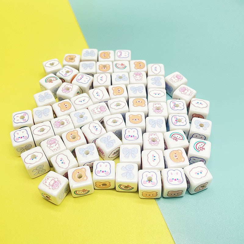 Cartoon Square Acrylic Beads 12mm Printed 5pcs 6