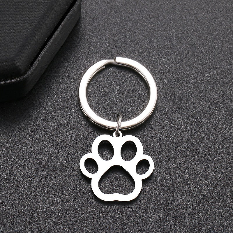 Stainless Steel Hollow Paw Dog Keychain Silver Tone