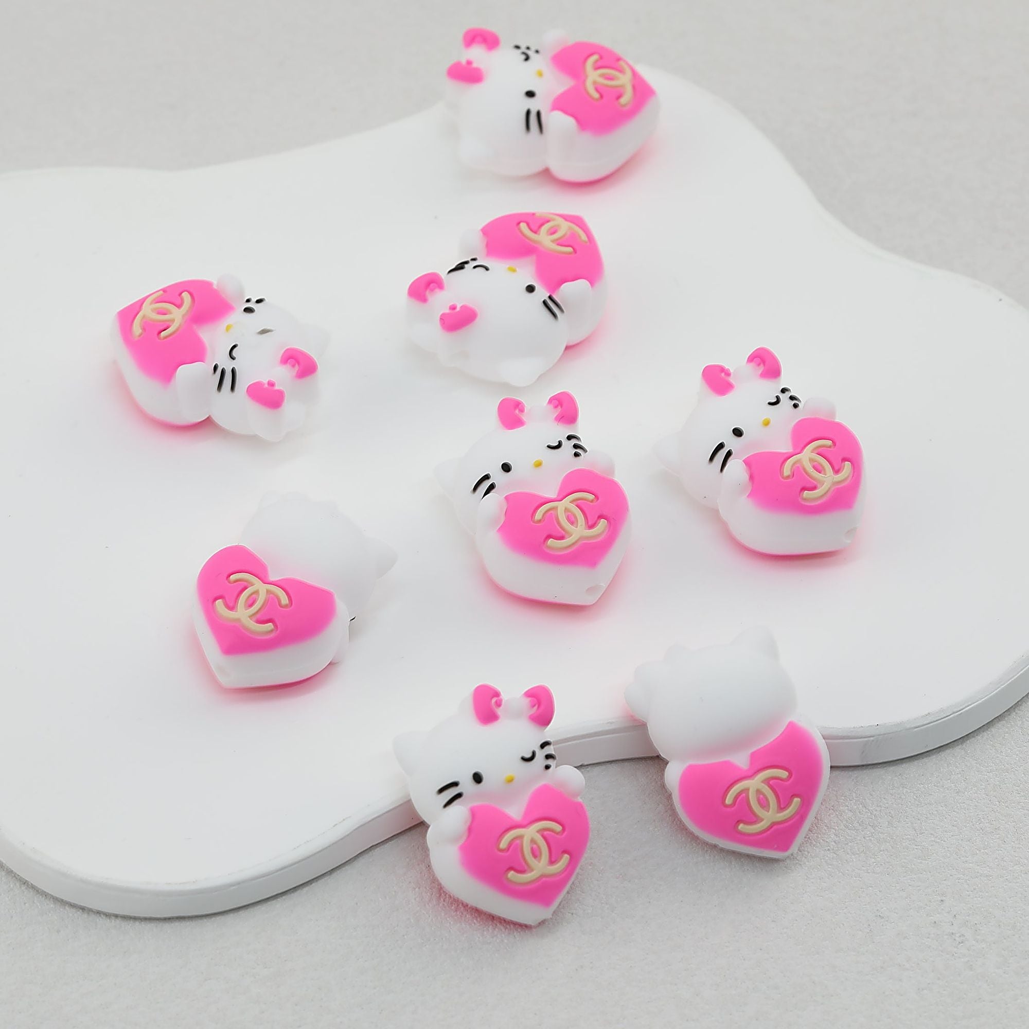 3D Cute Pink Cat Silicone Focal Beads with Heart 20pcs