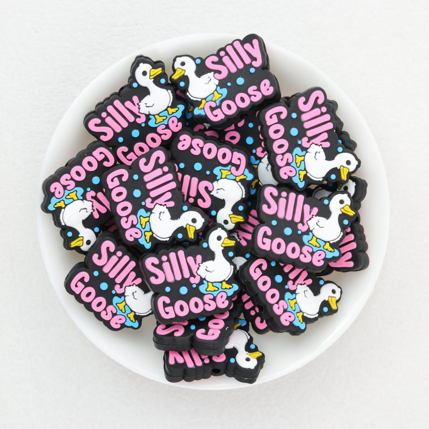 Silicone Focal Beads Silly Goose With Pink Text 20pcs