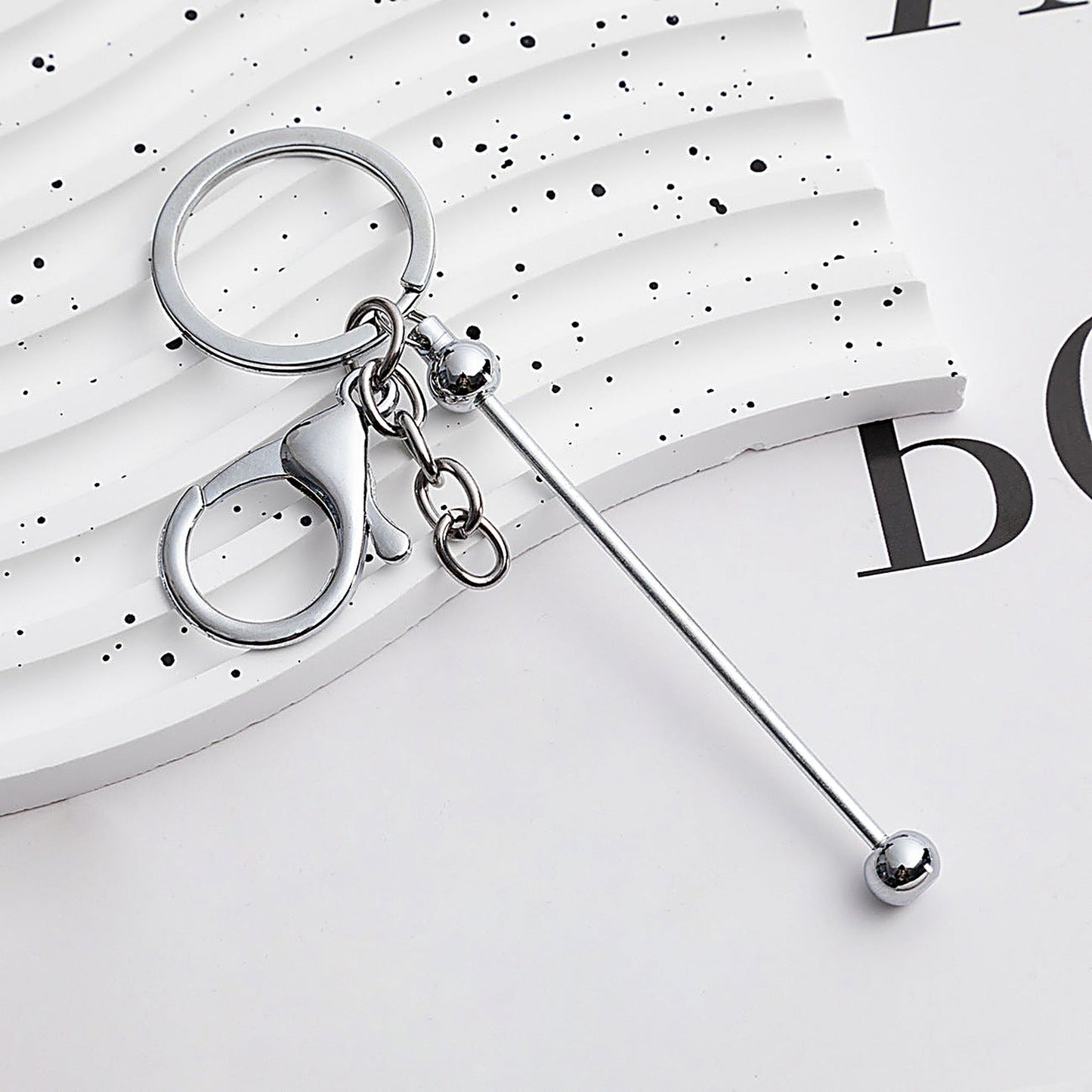 Beadable Keychain Bar Metal Slender Shaft Polished Ball Lobster Clasp - Electroplated Silver