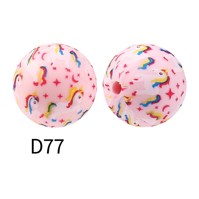 50Pcs 15mm Colored pattern printed silicone beads 79
