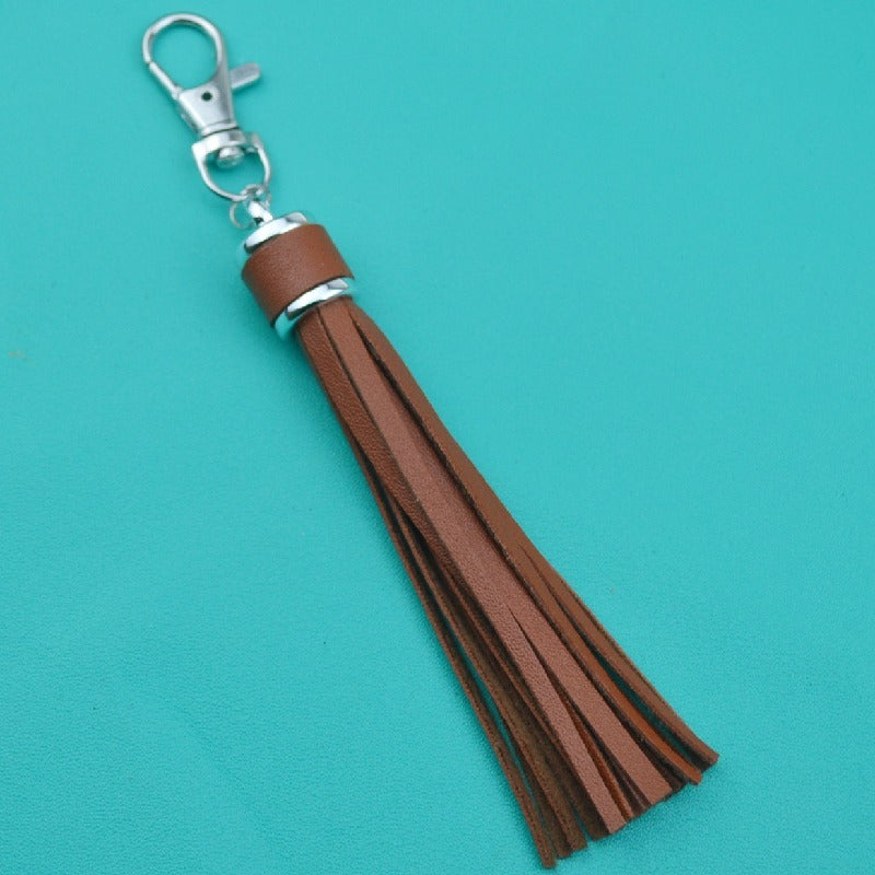 PU Leather Tassel Keychain 9cm Strips Silver Lobster Clasp 29